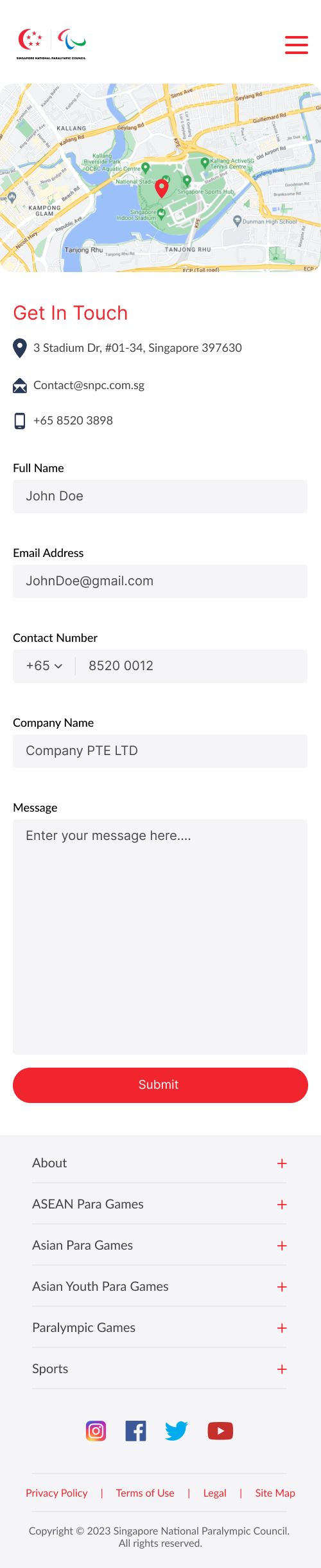 Singapore National Paralympics Council mobile contact page